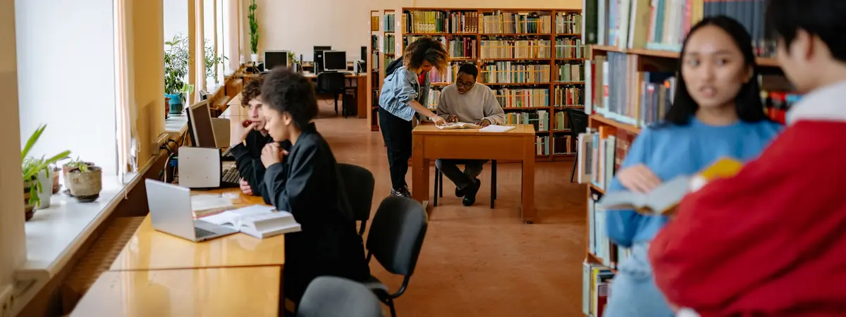 Students talk and read in a sunlit library, a study setting for the best colleges for criminal justice.