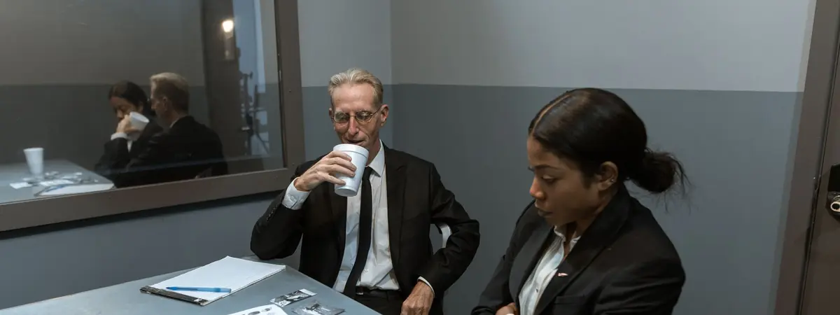 Two people in dark suits sit at a metal table, a scene from an FBI agent career.